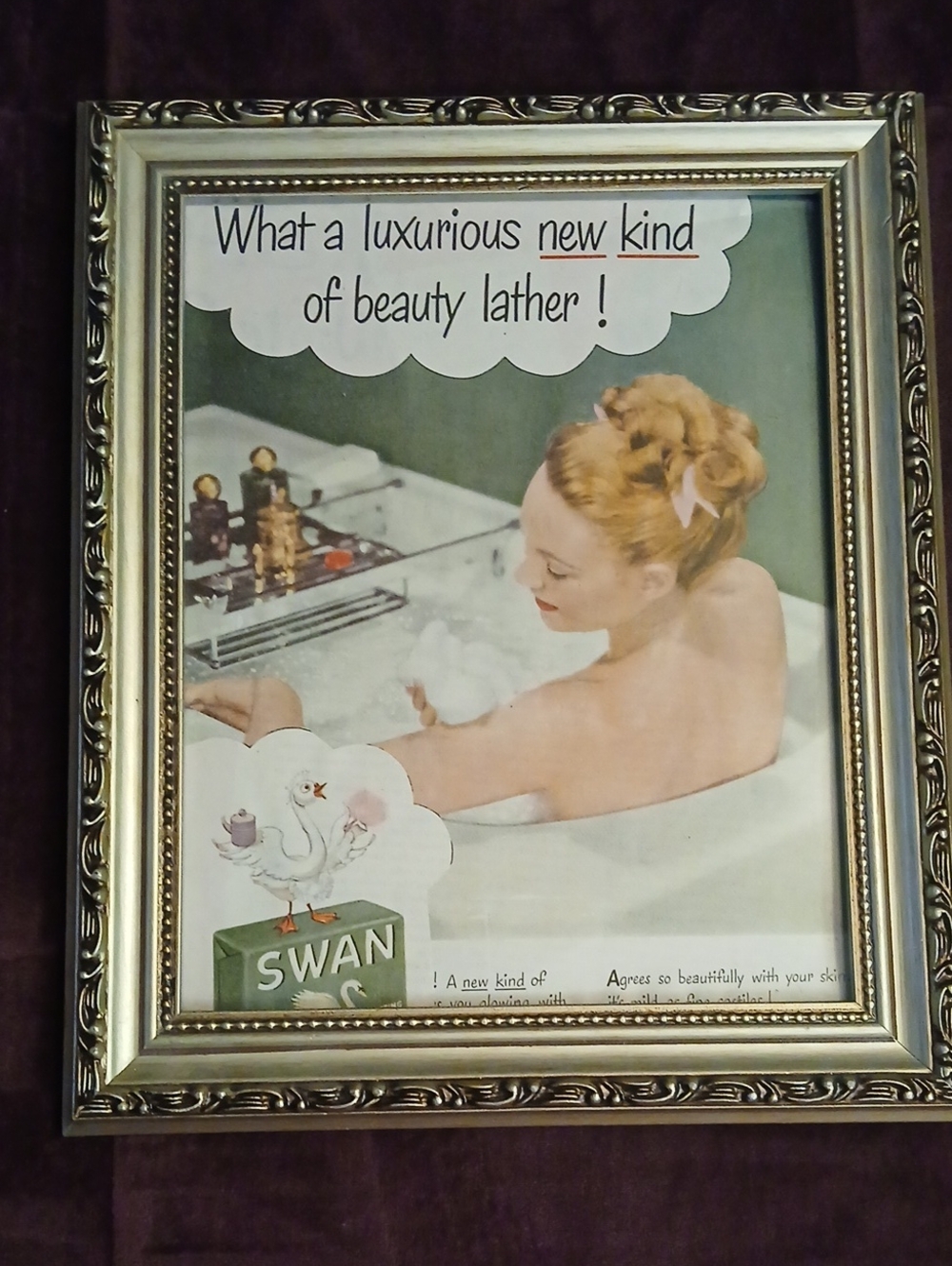 Swan Beauty Lather Women’s Bath & Body Advertisement 1940s. Framed. Unknown Star